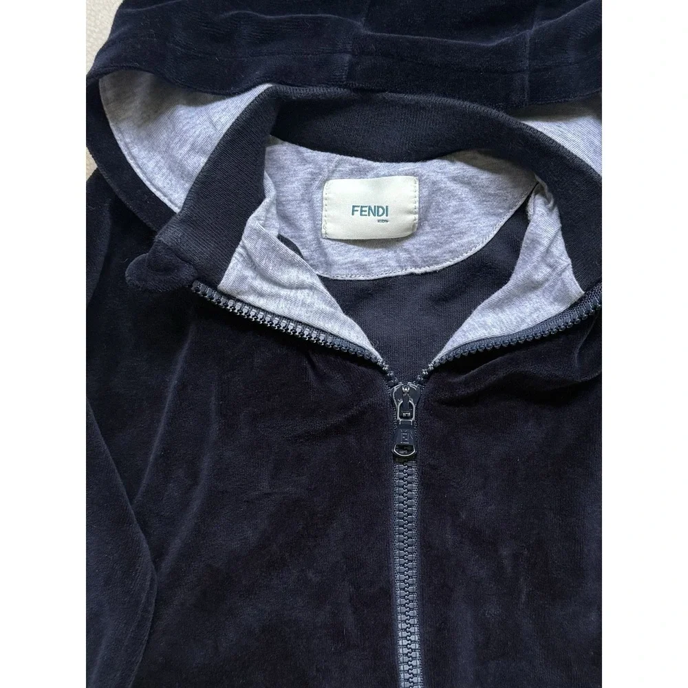 FENDI Kids Italy designer Navy Full Zip Velour Logo Hoodie Luxury Sz 24 Months - Picture 3 of 10
